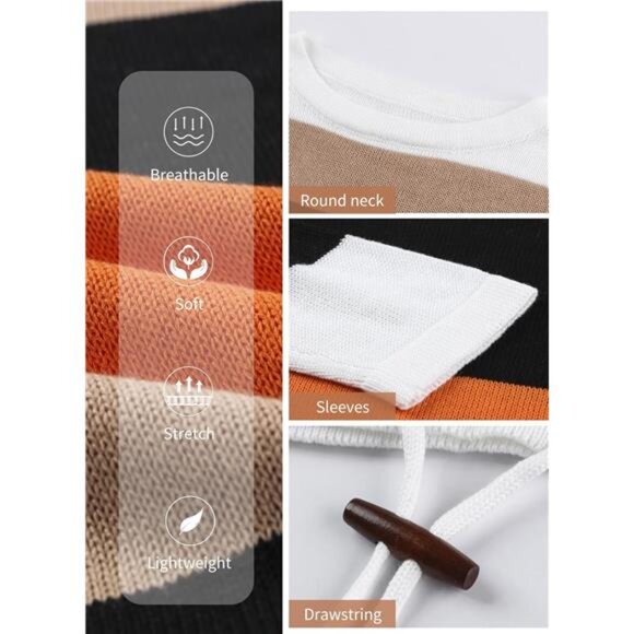 Round Neck Striped Fall Sweater - Cute Trendy Winter Pullover with Drawstring 20 - Picture 6 of 7